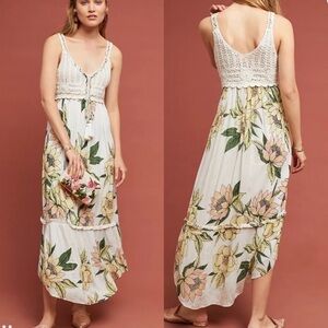 Anthropologie Farm Rio Protea Crochet Floral Metallic Dress Size LP Large